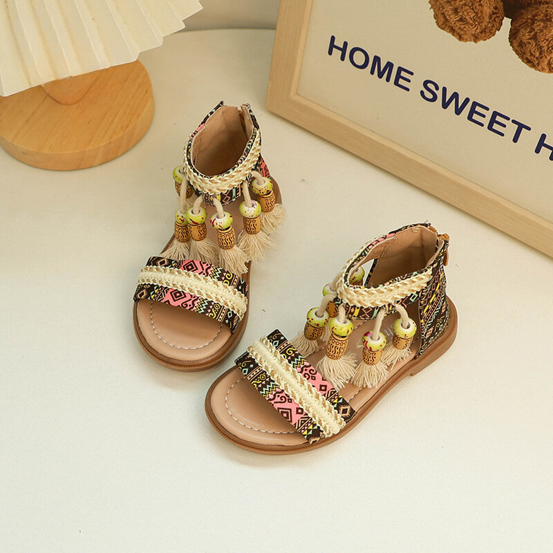 Children's Sandals Summer New Bohemia National Style Princess Shoes for Girls Fashion Open-toe Tassel Kids Causal Roman Sandals