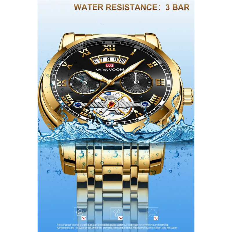 VOOM Men's Top Brand Quartz Watches Waterproof Glow Date Stainless Steel Strap Business Fashion Sports Quartz Watch for Men