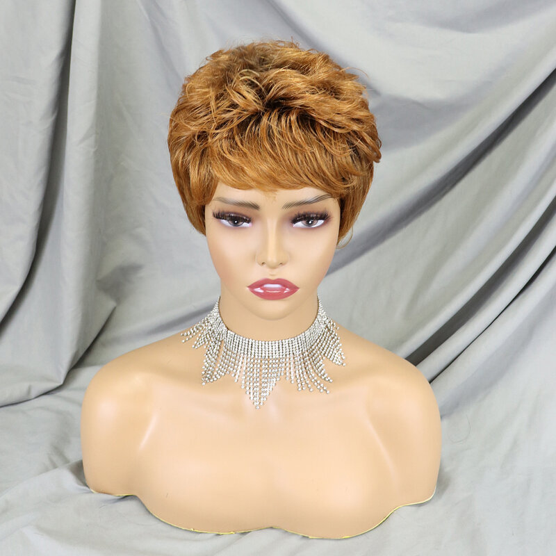 Short Pixie Full Wigs Pixie Cut Wig Straight Brazilian Remy Hair Brown Color Human Hair Wig Machine Made Wigs For Women
