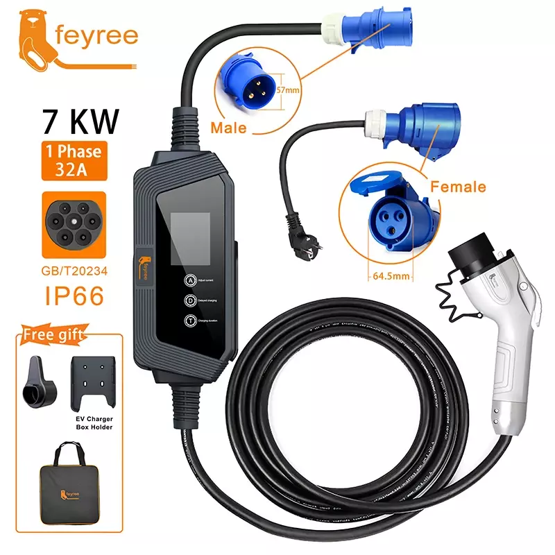 Feyree-cargador EV portátil, Cable de 5M con enchufe CEE para vehículo eléctrico, caja de carga EVSE, 7kW, 32A, 1 fase, GBT
