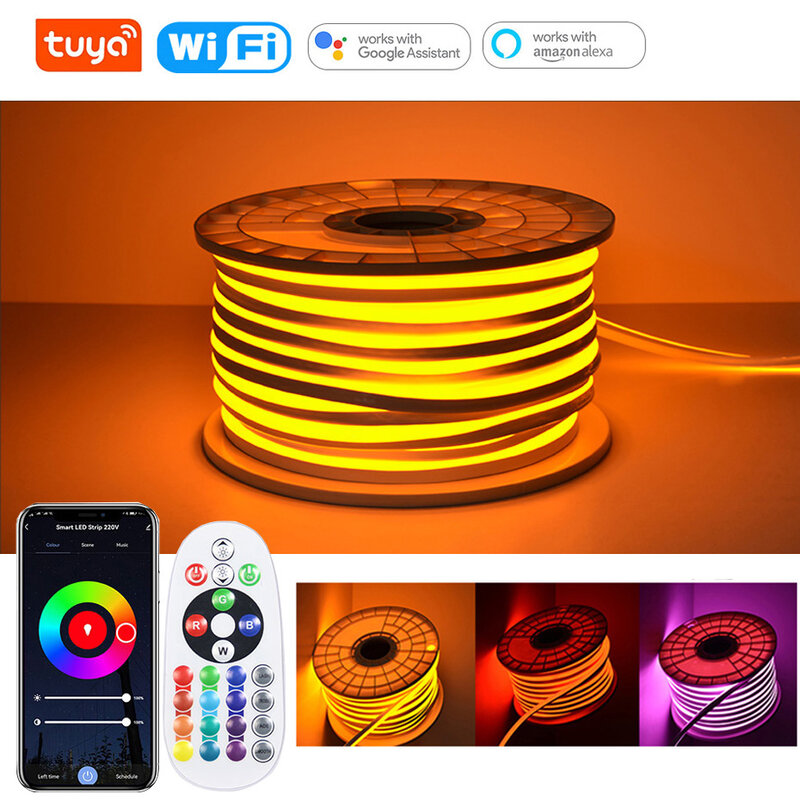 Tira de luces LED de neón para decoración de habitación, cinta Flexible de silicona con WiFi, Bluetooth, Control remoto, 220V, RGB, IP67, Tuya Smart