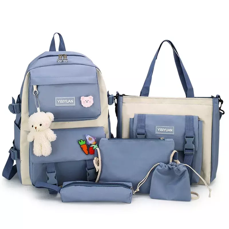 Middle School Student Schoolbag Set, de grande capacidade Mochila impermeável, Mochila para Meninas, Adequado para Meninas, 5 pcs