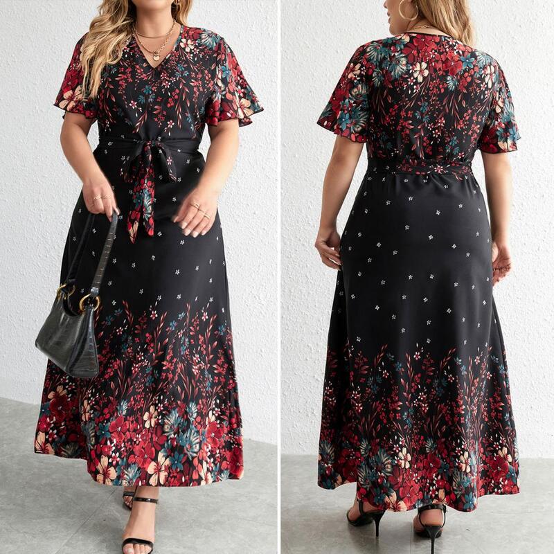 Plus Size Casual Dress Woman 2024 Summer V Neck Short Sleeve Floral Print Long Dress Black Curvy Size Women Clothing
