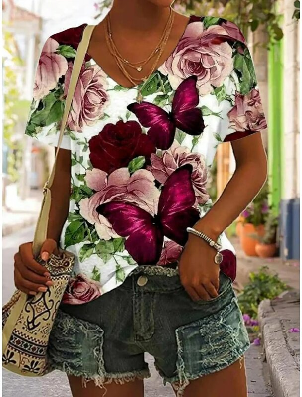 Maglietta estiva da donna Tee 3D Print Floral Graphic Tops Daily Rose Pink manica corta moda scollo a V T-shirt Casual per ragazze