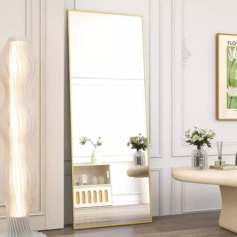 Cermin lantai panjang penuh bingkai aluminium, cermin berdiri persegi panjang & sandaran, ruang ganti ruang tamu, cermin emas 64 "x 21"