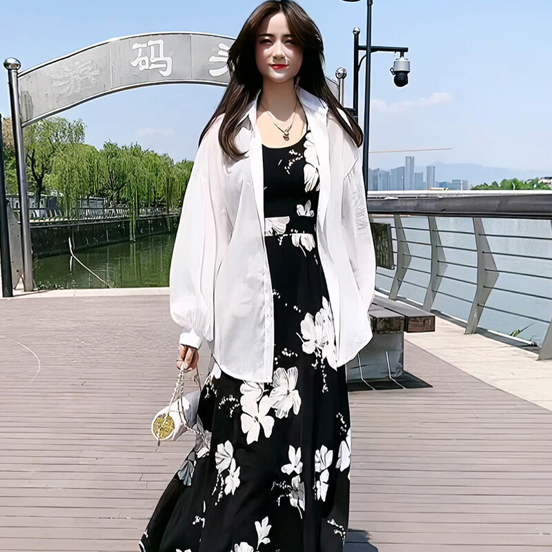 2024 Spring/Summer New Korean Edition Mid Length Printed Open Back Sexy Strap Dress Holiday Beach Dress