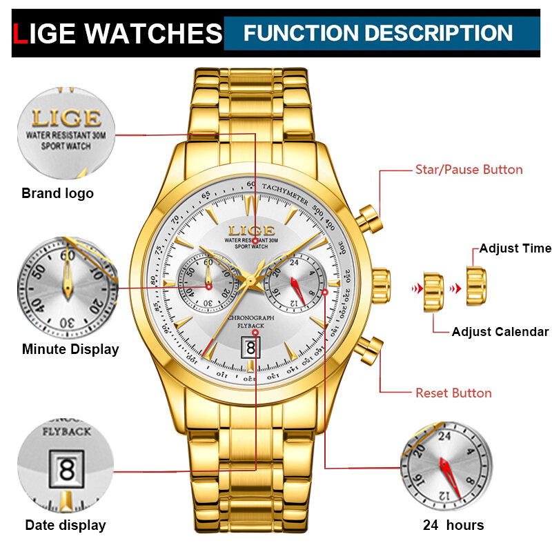 LIGE jam tangan konograf pria, arloji militer Quartz tahan air untuk hadiah