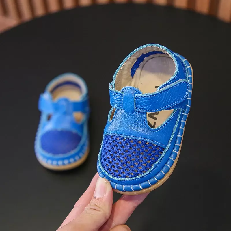 Sandálias infantis de fundo macio anti-colisão, sapatos infantis de verão, bebês meninas, meninos, criança, crianças, couro genuíno, sapatos de praia