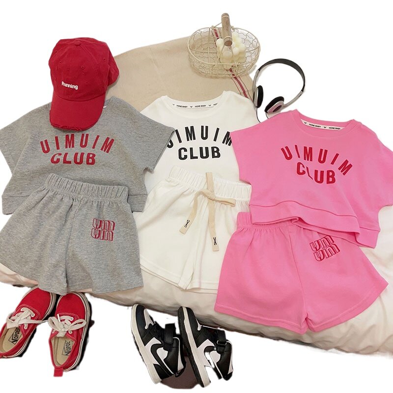 Conjunto de terno de algodão infantil, letras, estilo coreano, conjuntos de verão, meninos e meninas, moda, 2024