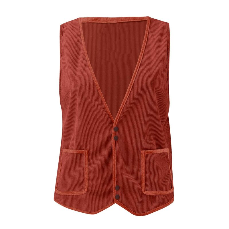 Ladies Solid Color Pocket Button V-Neck Versatile Camisole Loose Corduroy Vest Casual Vintage Sleeveless Jacket Vest For Women