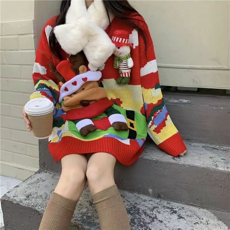 Łoś bożonarodzeniowy sweter damski luźny i leniwy styl pogrubiony płaszcz w stylu Vintage nadwymiarowy sweter kobiet Top koszula z dzianiny y2k ubrania