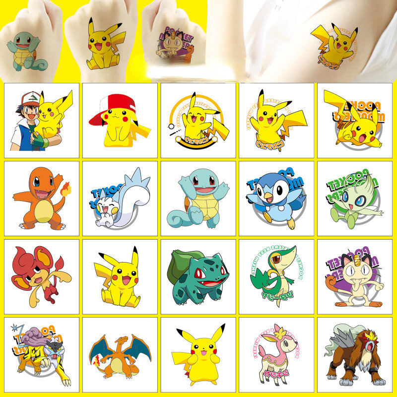 20 buah stiker tato Pokemon tahan air stiker Pikachu lucu kartun lucu anak perempuan hadiah Natal ulang tahun mainan hadiah