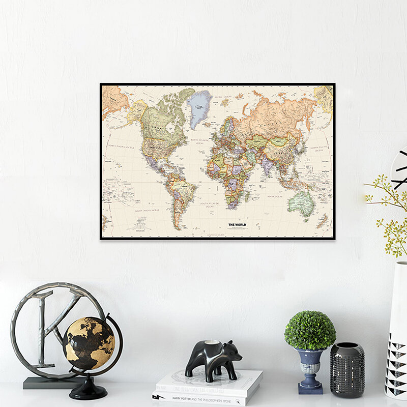 75*50cm Retro World Map with Details Vintage Art Poster Canvas Painting Wall Hanging Pictures School Supplies Room Home Decor