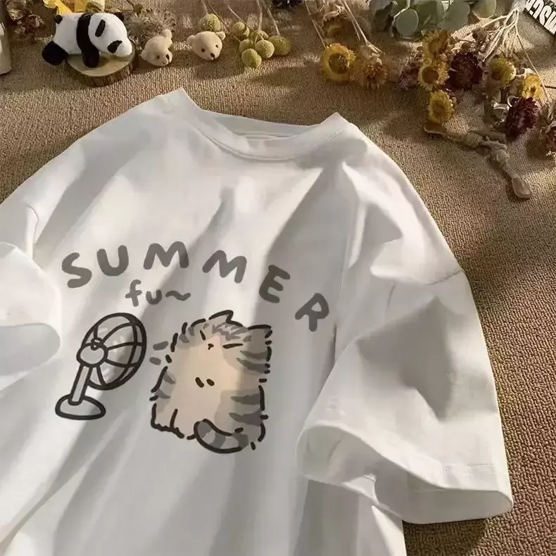 American Street Creative Blow Fan Cat Puur Katoenen T-Shirt Voor Mannen En Vrouwen Zomer Ontspannen Korte Mouwen Paar Kleding Ins Top