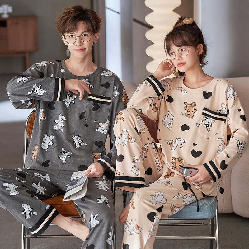 Conjunto de pijamas de algodão manga comprida masculina e feminina, estampas de desenhos animados pijamas de lazer, pijamas para casais, casa combinando, primavera, novidade