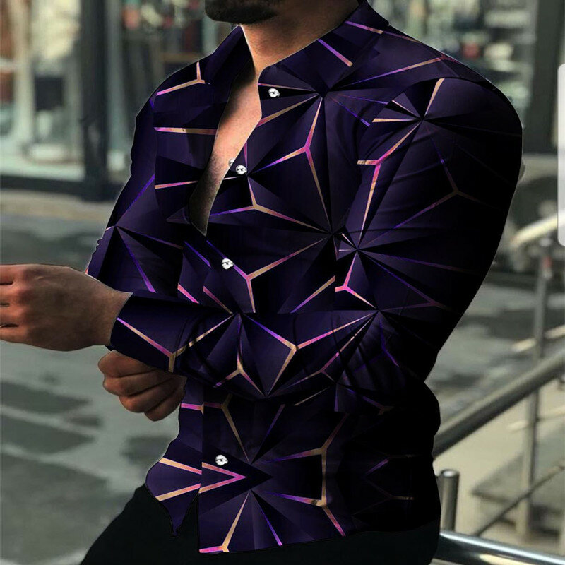 Kemeja Kasual Cetak Pria Musim Semi 2022 Pakaian Kardigan Pria Streetwear Belah Ketupat Stereoskopik Kemeja Gaun Lengan Panjang High-End