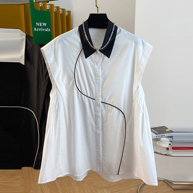 여성용 캐주얼 셔츠, 턴다운 칼라 기본, 루즈한 여성 민소매 코튼 상의 셔츠, B3700, 한국 스타일, 2024, 여름 신상