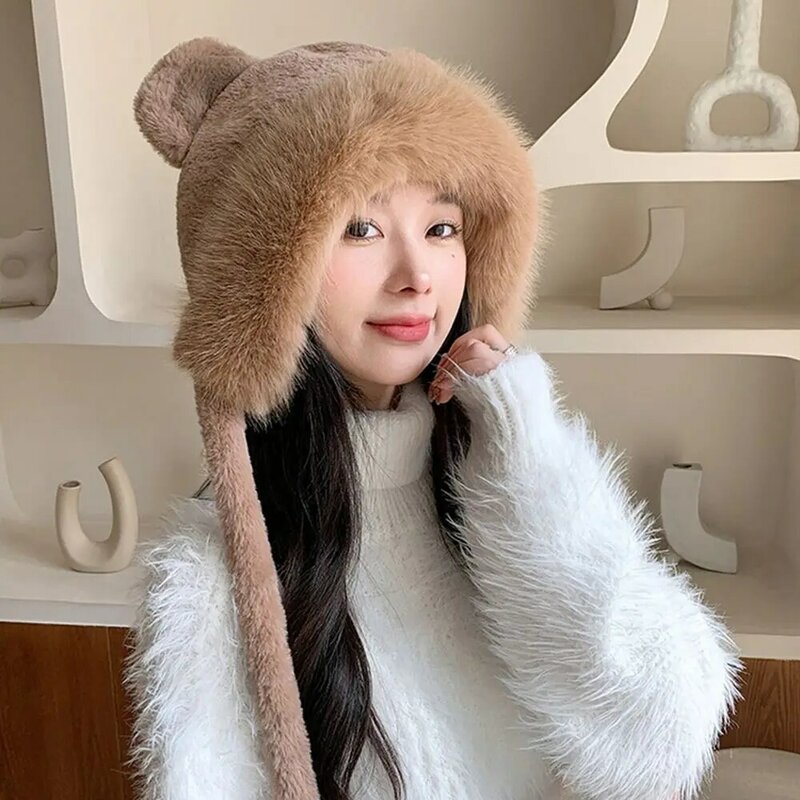 Winter Warm Faux Fur Beanies Hat Fashion Thicken Cold-proof Cat Ear Knitted Cap Pom Pom Ball Hats Women Accessories