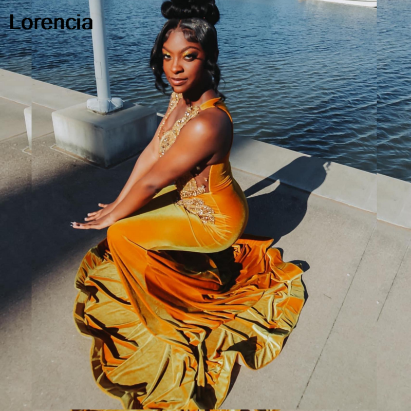 Lorencia 2024ชุดพรอมกำมะหยี่สีส้มประดับเพชรสำหรับสาวผิวดำชุดงานปาร์ตี้งานกาล่าลูกปัดพลอยคริสตัล YPD128