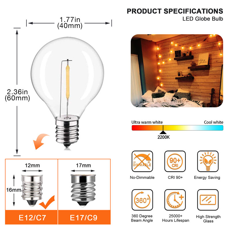 Plastic G40 DC3V Replacement Bulbs for Solar String Lights E12 Screw Sockets Shatterproof Decorative LED Lamp RV Camper Lighting