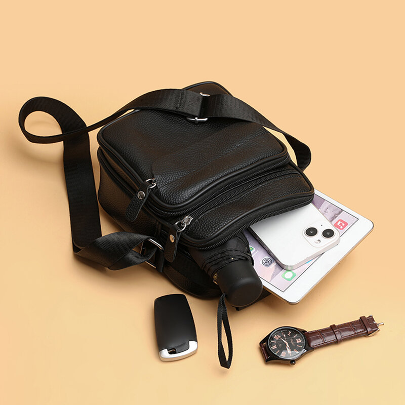 Mens Business Handbag Genuine Leather Vintage Crossbody Shoulder Bags Waterproof Mobile Phone Pouch Portable Messenger Bag