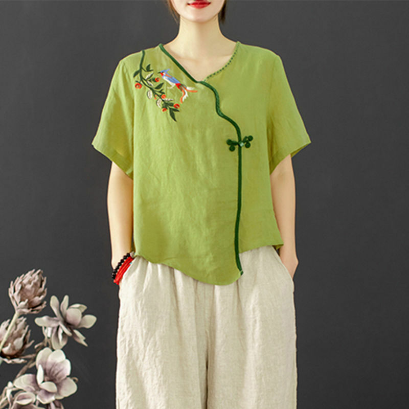2colors Women Cotton Linen Tang Suit Chinese Style Retro Embroidery Short Sleeve Qipao Shirts Cheongsam Top Harem Pants Clothing