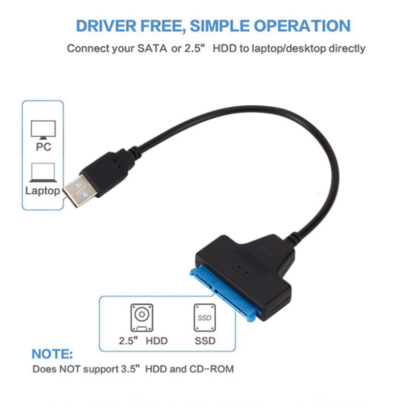 USB 2.0-SATA 22 핀 케이블 어댑터 변환기 라인 HDD SSD 솔리드 드라이브 디스크 용 2.5 인치 하드 디스크 드라이브 용 코드 와이어 연결