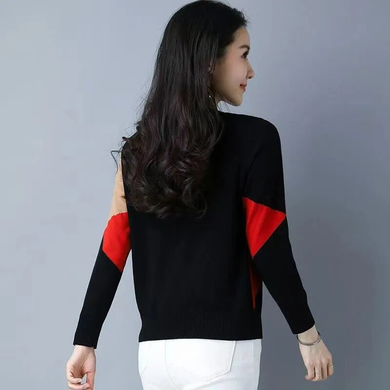 Elegancka modna dzianinowe swetry kontrastowe kolory z okrągłym dekoltem dla kobiet 2023 nowa odzież damska z długie swetry rękawem