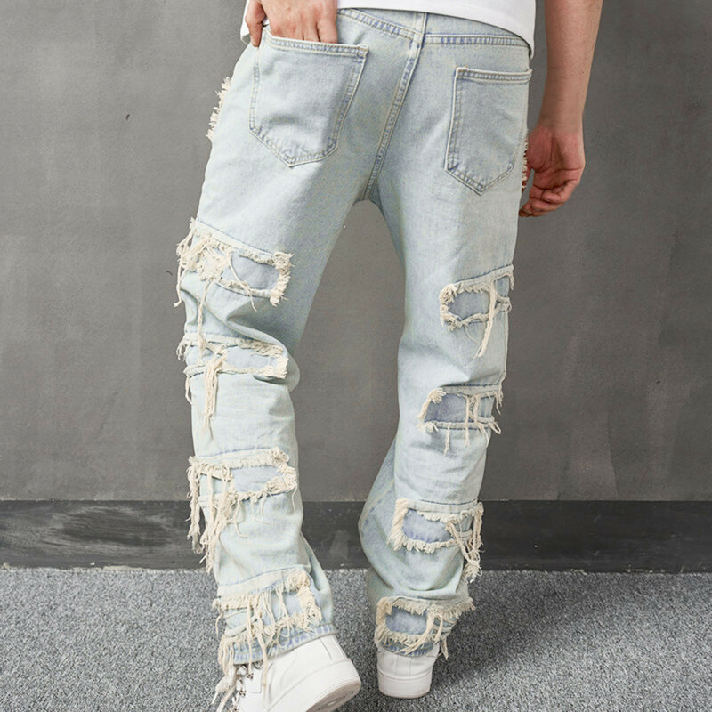 Męskie dżinsy z dziurami i rozdarciami 2023. Męskie stylowe spodnie hip-hopowe Streetwear Solid Retro Patched Washed Straight Denim Pants