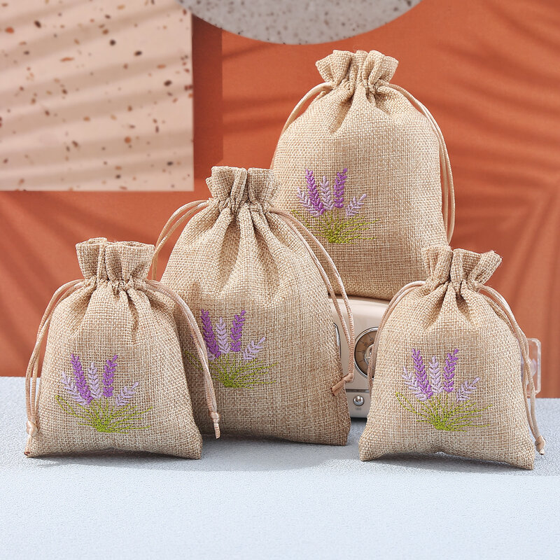 50 pz/lotto imitazione tela di lino lavanda sacchetti con coulisse confezione regalo bomboniera sacchetto di tela di caramelle