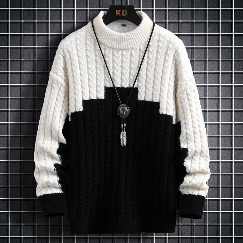 男性用の十分な襟付きのアイドルスタイルのセーター,ミディアムカラーの衣服,厚くて十分な,デュアルカラーパッチワークセーター,2023