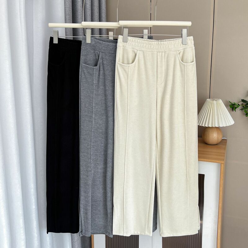 Pantalones de pierna ancha de cintura alta para mujer, Pantalón recto de algodón elástico informal, talla grande, otoño e invierno, 2023