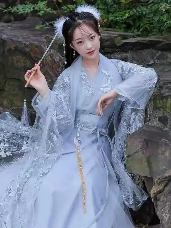 Laço bordado hanfu feminino cosplay traje vestido de fada respirável, nacional dança desempenho vestuário verão
