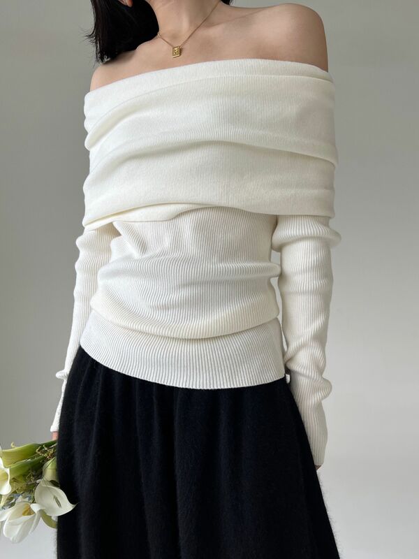 Sweater rajut bahu terbuka wanita, atasan rajut polos elegan Vintage, regang tinggi musim gugur untuk C-038
