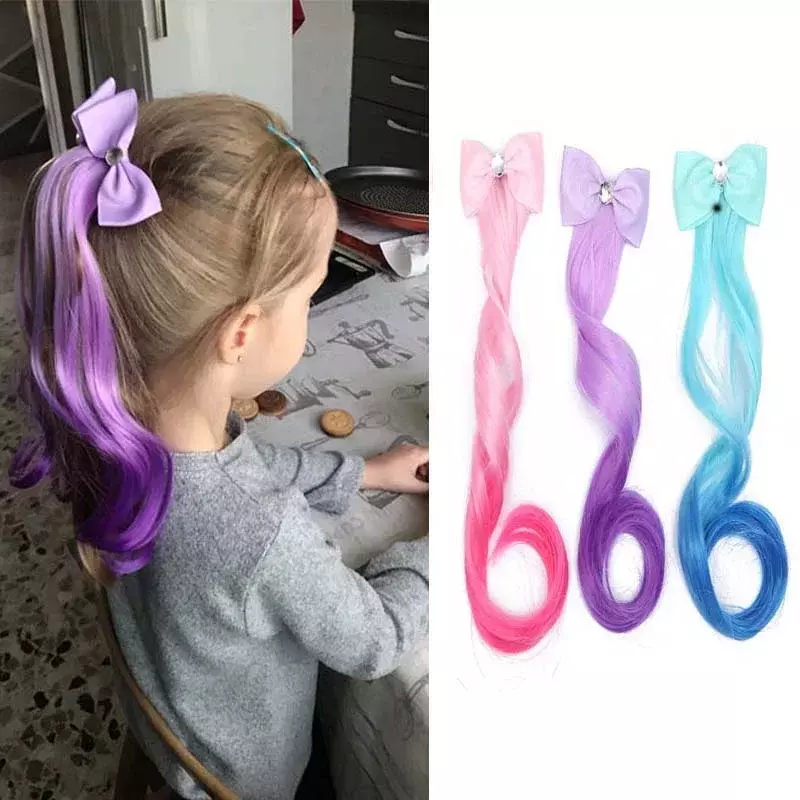 Cute Children Gradient Bow Hair Clips Headdress Ponytail Hair Ropes Baby Girls New Colorful Wig Pigtail Elastic Kids Headwear