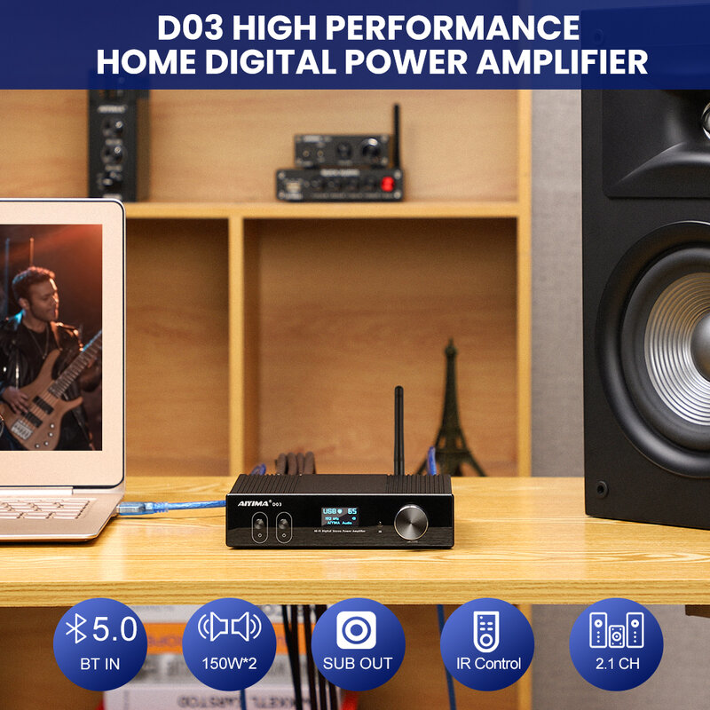 New D03 HiFi Bluetooth 5.0 Audio Amplifier 2.1 Wireless Digital Sound Power Subwoofer Amplificador USB DAC Stereo Audio150Wx2