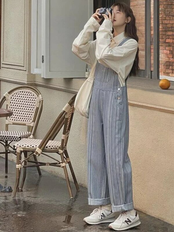 Overalls Frauen Gestreiften Retro Design Lose Streetwear Koreanischen Stil Casual Einfache Reich Alle-spiel Frühjahr Denim Persönlichkeit Jugendliche