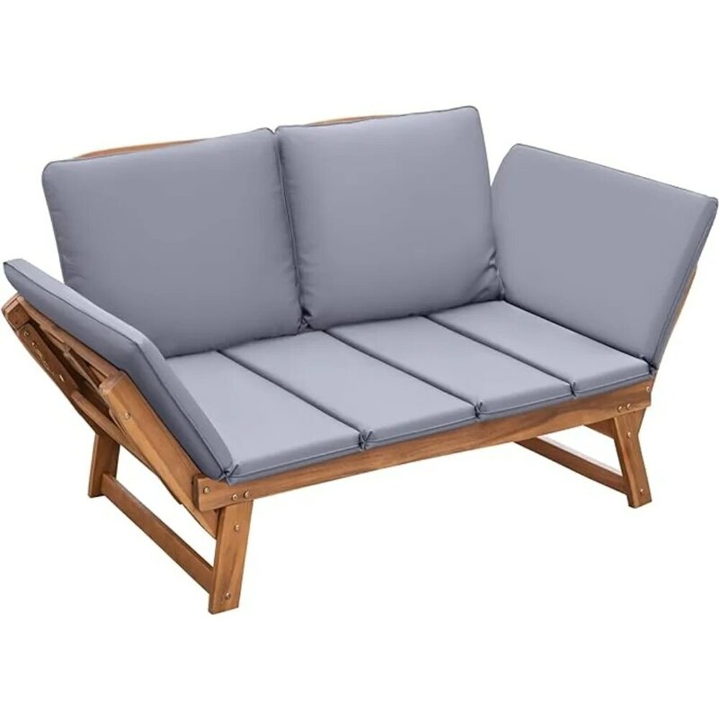 Sofá pátio de madeira Acacia com braços ajustáveis, sofá ao ar livre, almofadas removíveis e travesseiros