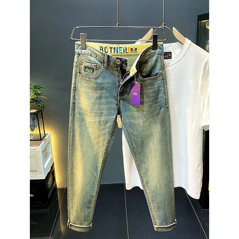 Новые высококачественные тонкие джинсовые мужские американские повседневные модные брендовые прямые эластичные ватные синие Универсальные джинсовые брюки