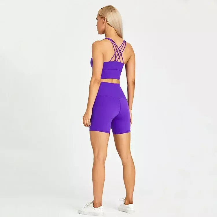 Lemon 2 potong set Yoga Gym nilon seksi 5 inci, set olahraga celana pendek pinggang V dan Bra elastis untuk lari pendek