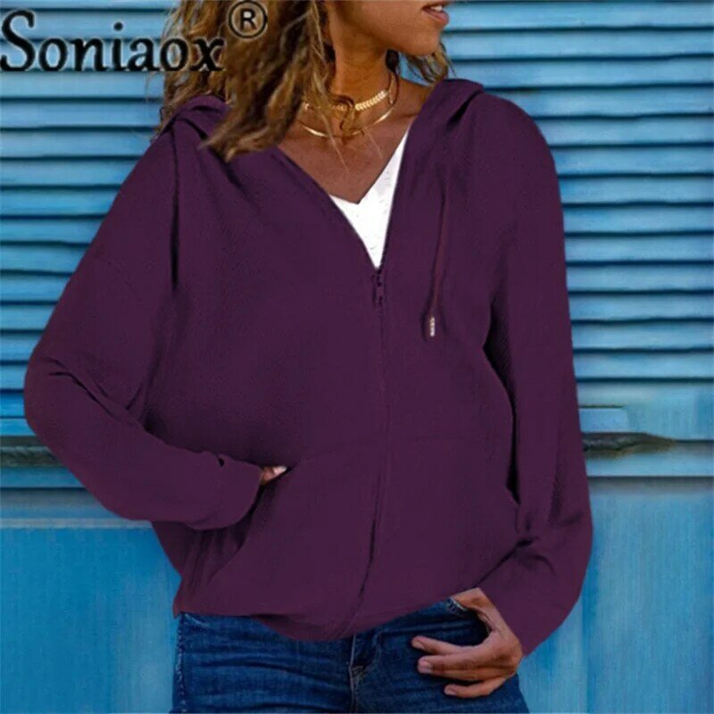 Moda solidna kolorowy zamek błyskawiczny sweter z kapturem kobiet luźna, bawełniana bluzka podmiejska kieszeń łączenie z długim rękawem damska bluza 5XL
