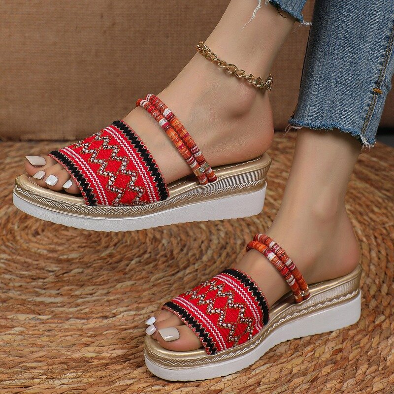 Summer Women's New Bohemian Style Slippers Fashion Pattern Designer Mesh Breathable Wedge Shoes Outdoor Beach Slippers for Women