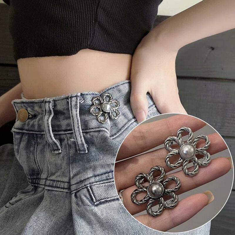 Kancing pinggang 1 pasang celana pengencang kombinasi bunga Pin dapat dilepas aksesori kancing Jeans jahitan dapat ditarik gesper Sk X6G8
