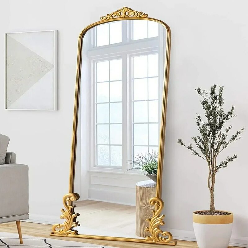 Miroir vintage arqué pleine longueur, cadre en métal sculpté, miroir de sol pour la décoration intérieure, entrées de maison, sans fret