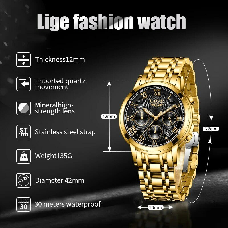 Часы наручные LIGE мужские Кварцевые водонепроницаемые, спортивные брендовые Роскошные деловые, золотистые