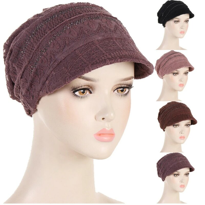 2023 New Lace Rhinestone Turban Visor Cap For Women Plain Brim Hats Stretch Chemo Hair Loss Head Wrap Beanie Casual Headwear Hat