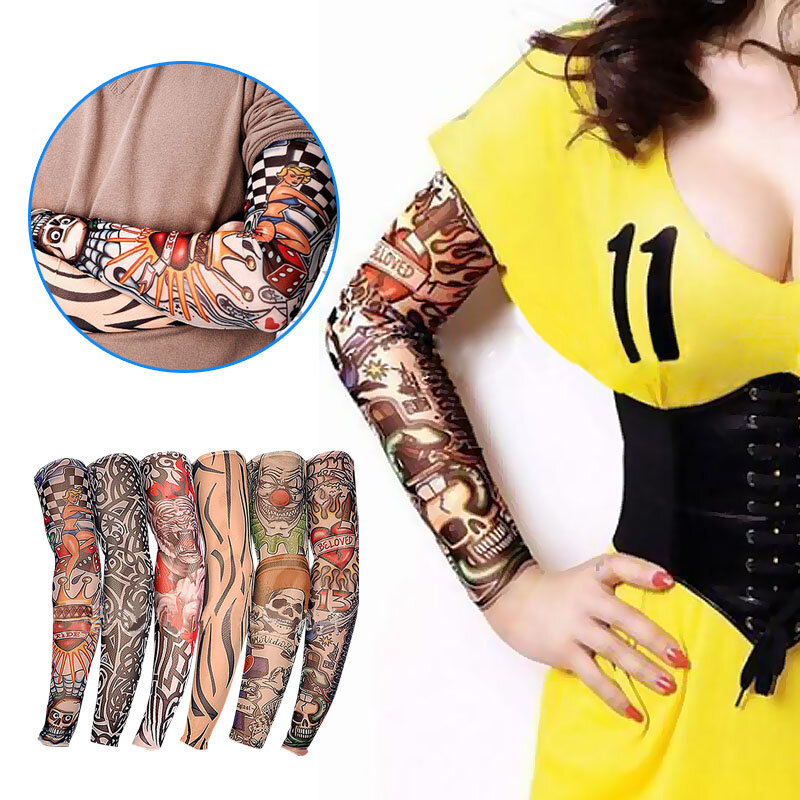 New Nylon Elastic Fake Temporary Tattoo Sleeve Designs Body Arm Stockings Tatoo for Cool Men Women 6pcs Summer Outdoor Cycling