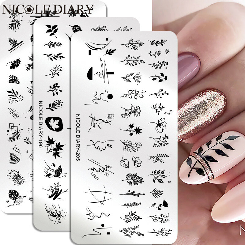 NICOLE DIARY Leaves Flower Stripe Design Stamping Plates Abstract Lady Face Nail Stamp Tem plates foglia stampa floreale Stencil