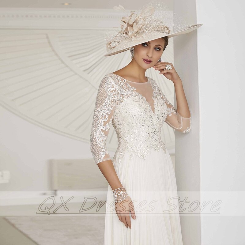 White Modern Mother of the Bridal Dresses Elegant Illusion Half Sleeve Sequined Applique Guest Wedding Party Gown for 2022