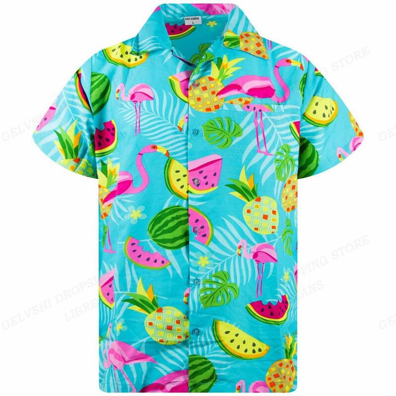 Flamingo kemeja pantai Hawaii pria, kemeja motif 3D daun tropis untuk pria dan wanita, blus gaya lengan pendek musim panas